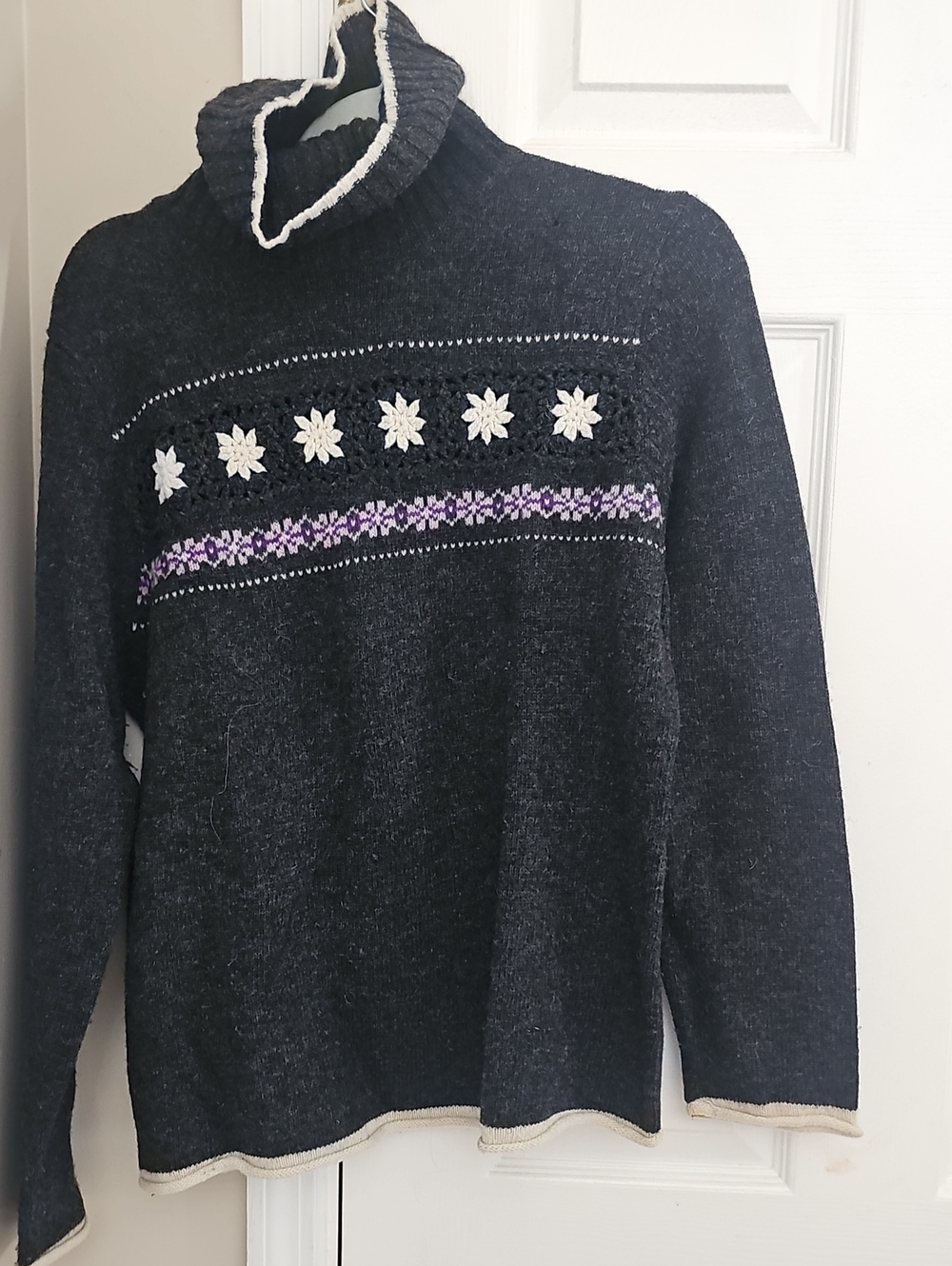 Sarah Spencer Black Turtleneck Sweater with White and Purple Trim